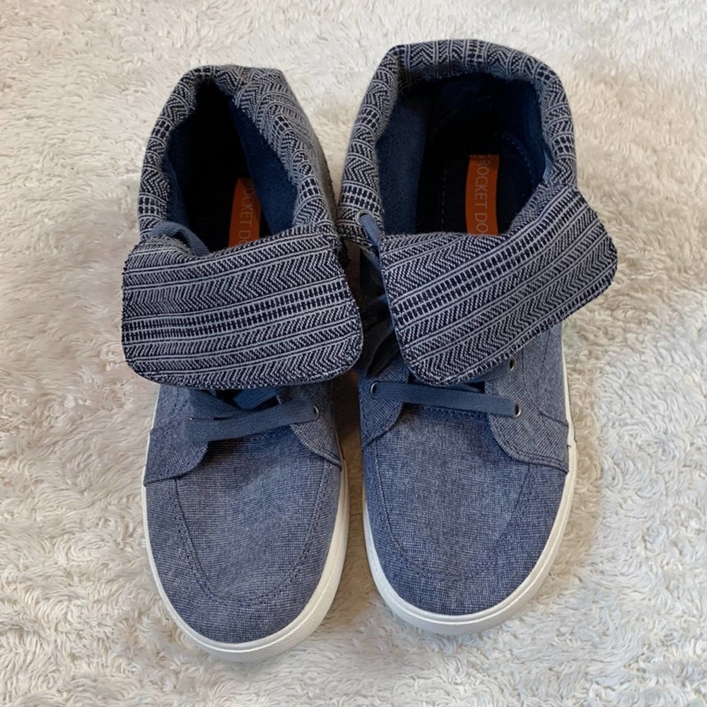 Rocket Dog Denim High Top fold over high low canvas denim sneakers, 10